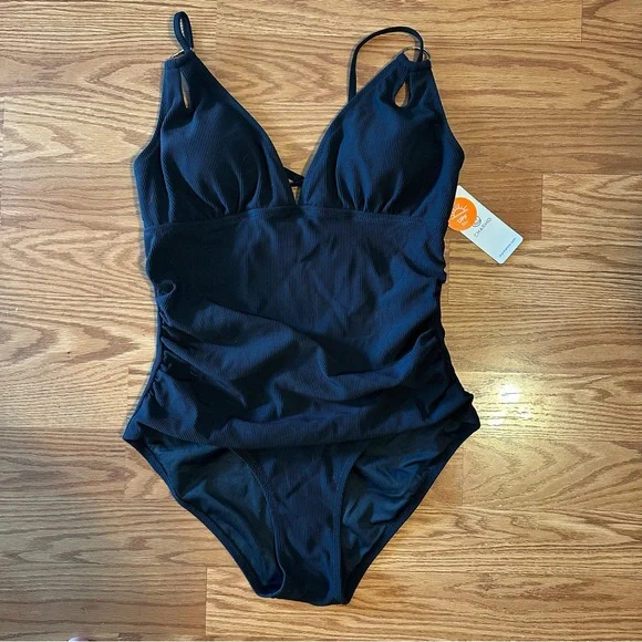 NWT Charmo Black Ribbed Ruched One-Piece Swimsuit Size L - Picture 3 of 12